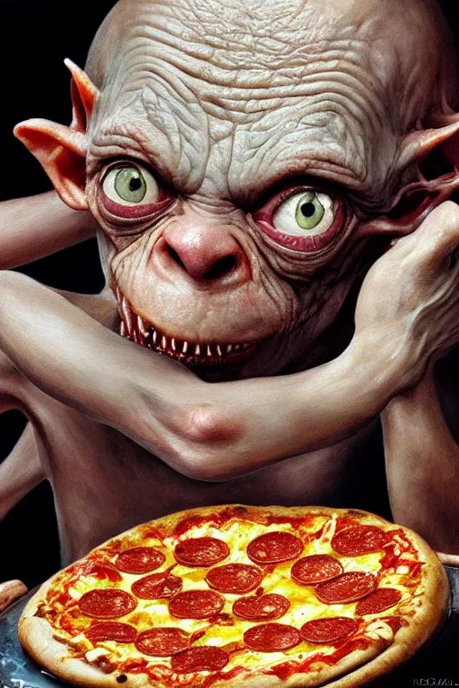 Image similar to gollum discovers pizza, oil on canvas, intricate, 8 k highly professionally detailed, hdr, cgsociety,