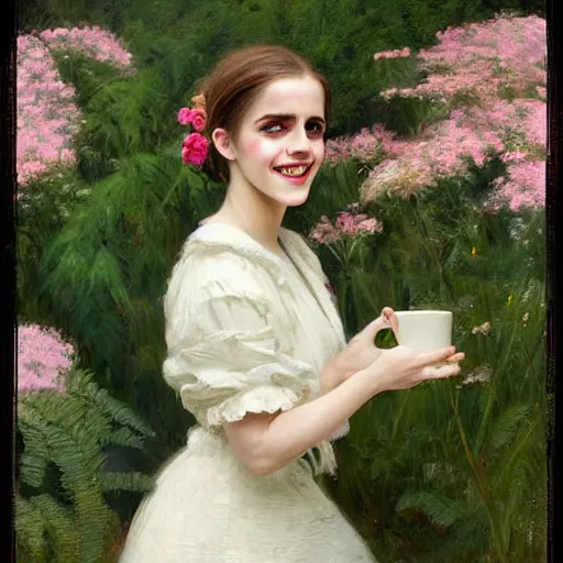 Prompt: laughing mouth open very thick paint brush strokes paint texture full body fashion model emma watson by Jeremy Lipking by Hasui Kawase by Richard Schmid (((smokey eyes makeup eye shadow fantasy, glow, shimmer as victorian woman in a long white frilly lace dress and a large white hat having tea in a sunroom filled with flowers, roses and lush fern flowers ,intricate, night, highly detailed, dramatic lighting))) , high quality