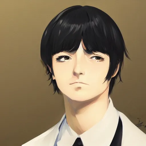 Prompt: Anime portrait of a man by Ilya Kuvshinov, he is about 30 years old, short black hair with bangs, his features are a mix between French, Turkish and Russian and he is wearing a beige and black utility jumpsuit, highly detailed portrait, digital painting, artstation, concept art, smooth, sharp foccus ilustration, Artstation HQ