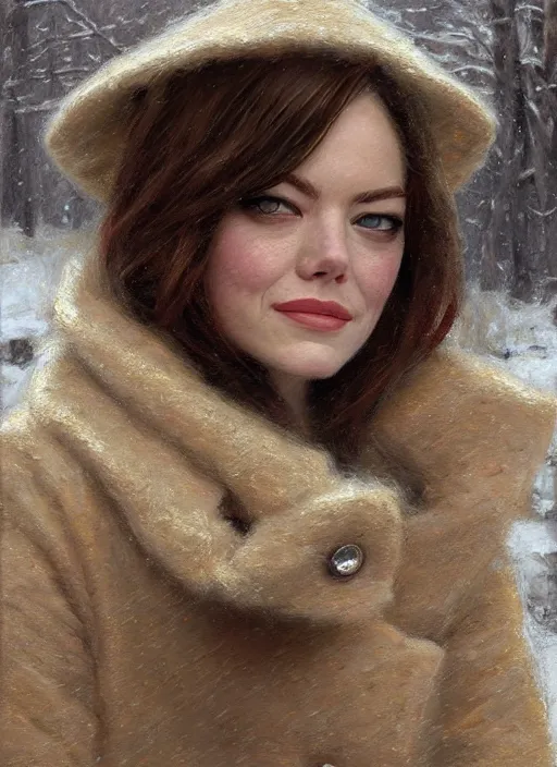 Image similar to emma stone in beige coat, close up portrait, winter new york, snow, artwork by gaston bussiere, craig mullins, trending on artstation