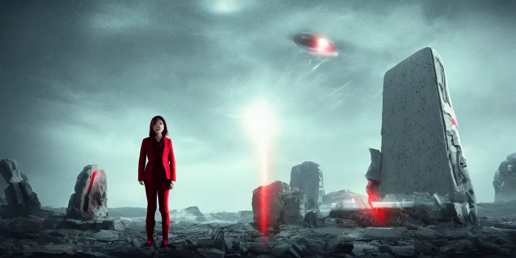 Prompt: a girl wearing fitting suit standing front of a huge towering and broken stone tablet with red light + alien pattern + an abandoned spaceship, stands in the center of a prosperous city at the end of the world, and the power and energy is explode, secret, mysterious, doomsday, landscape, 2 4 mm lens, video game control, quantum break, arknights,