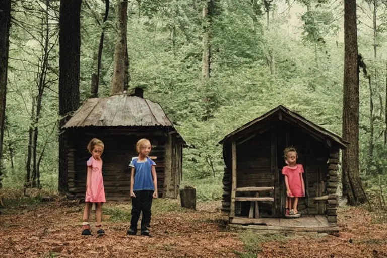 Prompt: a girl and his brother that is lost in the middle of a forest, infront of them is a mysterious dirty dusty cabin wooden house