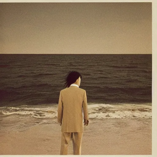 Prompt: japanese man with long hair in a beige suit standing in the ocean looking at the camera, wide shot, far!!!!!!! away, zoomed out, distance!!!!!!! shot, sunset, centered!!!!!!!!!!, album cover, tatsuro yamashita, 1980, ride on time