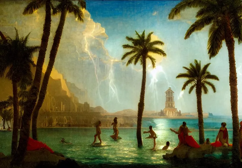 Image similar to Palace floating in heaven, 1km tall, thunderstorm, greek pool, beach and palm trees on the background major arcana sky, by paul delaroche, hyperrealistic 4k uhd, award-winning very detailed, heaven paradise