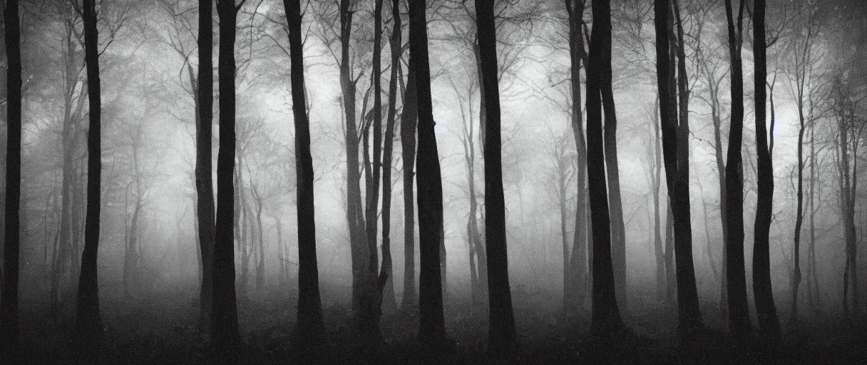 Image similar to a haunted forest under the milkway at night, film grain, large format photograph by stephen king, misty, moody