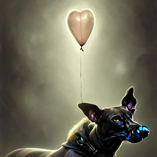 Image similar to a dark brindle greyhound with a grey face is laying down with a happy anniversary balloon floating above him, d & d, fantasy, intricate, elegant, highly detailed, digital painting, artstation, concept art, matte, sharp focus, illustration, hearthstone, art by artgerm and greg rutkowski and alphonse mucha