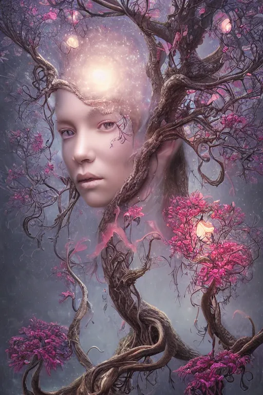 Prompt: a stunning ultra detailed fantasy fine art portrait of a tree goddess connected to sinuous barren trees, lit by glowing fireflies, surrounded by blooming hibiscus and jasmine, misty night, very detailed, sharp focus, 8 5 mm lens, soft ethereal lighting, artstation, 8 k, by tomasz alen kopera, igor morski and tom bagshaw