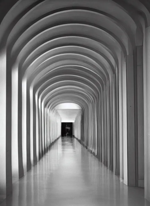 Prompt: a photograph of a hallway designed by louis kahn, 3 5 mm, film camera, dezeen, architecture, center framing