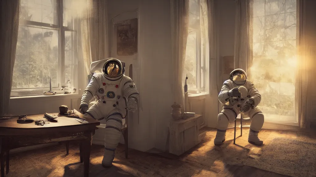 Image similar to a single cosmonaut in a spacesuit drinks steaming tea at an old wooden desk in a richly decorated Victorian house. the autumn light comes in through a window and dimly illuminates the room, diffuse light, octane render