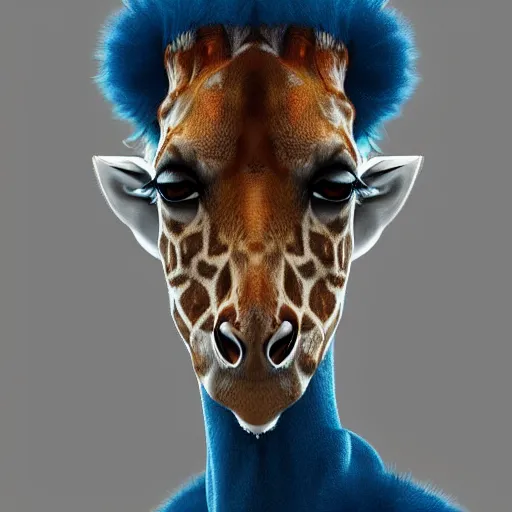 Image similar to a highly detailed portrait of a humanoid giraffe in a blue cloak, artstation, deviantart, professional, unreal engine 5, photorealistic