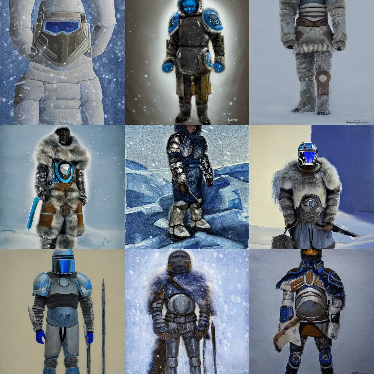 Prompt: futuristic inuit legionary, lorica segmentum, furs, snow camouflage, snow, luminism, tonalism, cobalt blue, prussian blue, payne's grey, raw sienna, figurative art, sharp details