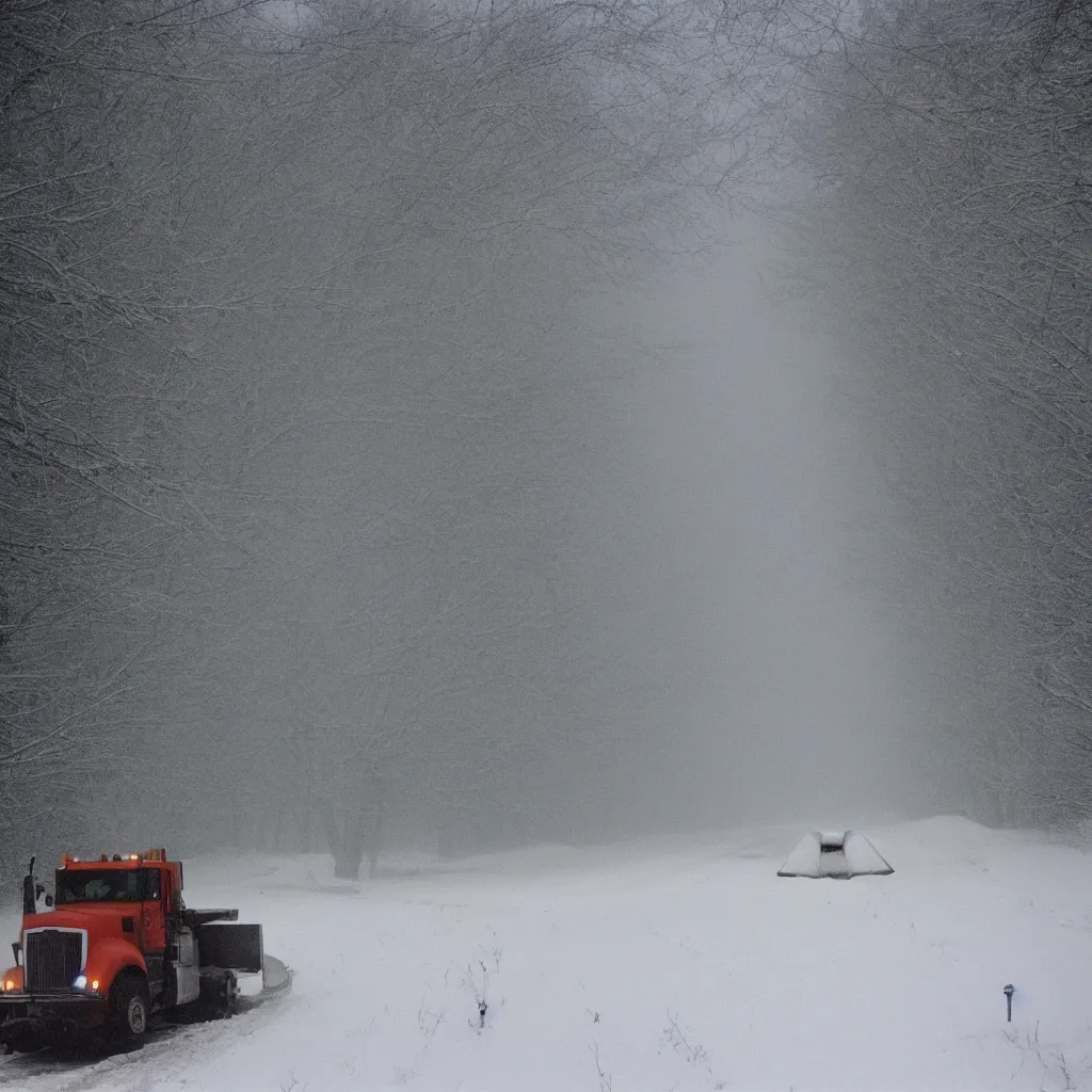 Image similar to photo, big snow plow truck is in the distance with a bright headlighta. cold color temperature, snow storm. hazy atmosphere. humidity haze. kodak ektachrome, greenish expired film, award winning, low contrast,