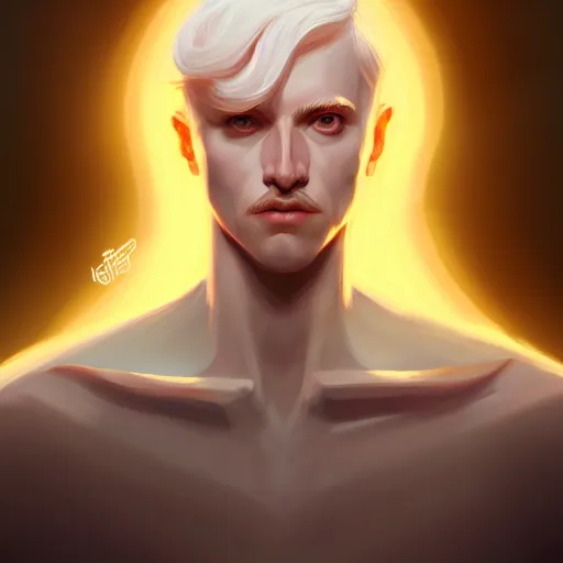 Prompt: Lucius the pale blond androgynous god of the sun, highly detailed, digital painting, artstation, concept art, soft light, sharp focus, illustration