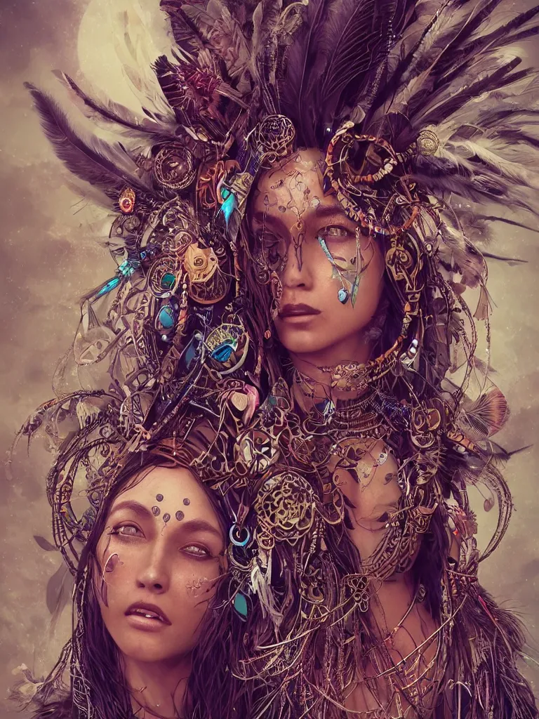 Prompt: a photo of a mystical tribal shaman adorned with feathers and gemstones and cables and synthesizer parts is surrounded by sacred geometry made from elven architecture, full body, gorgeous, perfect face, powerful, cinematic, beautifully lit, by artgerm, by karol bak, 3 d, trending on artstation, octane render, 8 k