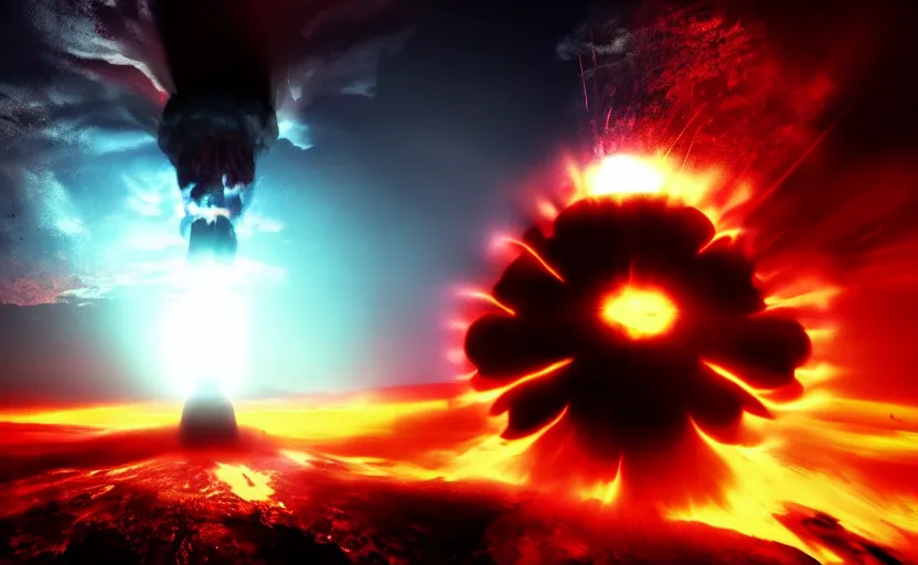 Image similar to skull shaped nuclear explosion of blood, cinematic shot, dramatic volumetric lighting, epic composition, 4K Ultra HD