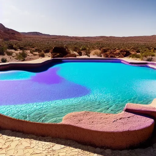 Prompt: purple pool in the middle of a desert