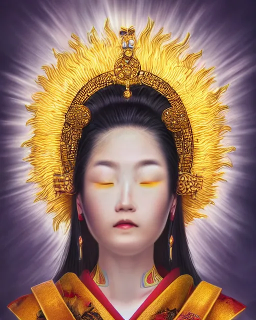 Image similar to hyper realistic portrait photo of ameterasu the sun goddess of japan, portrait shot, intricate detail