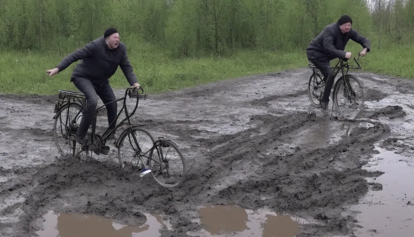 Image similar to drunk russian man driving bicycle trough potholes and mud, hilarious, funny, meme, realistic, detailed, 4 k