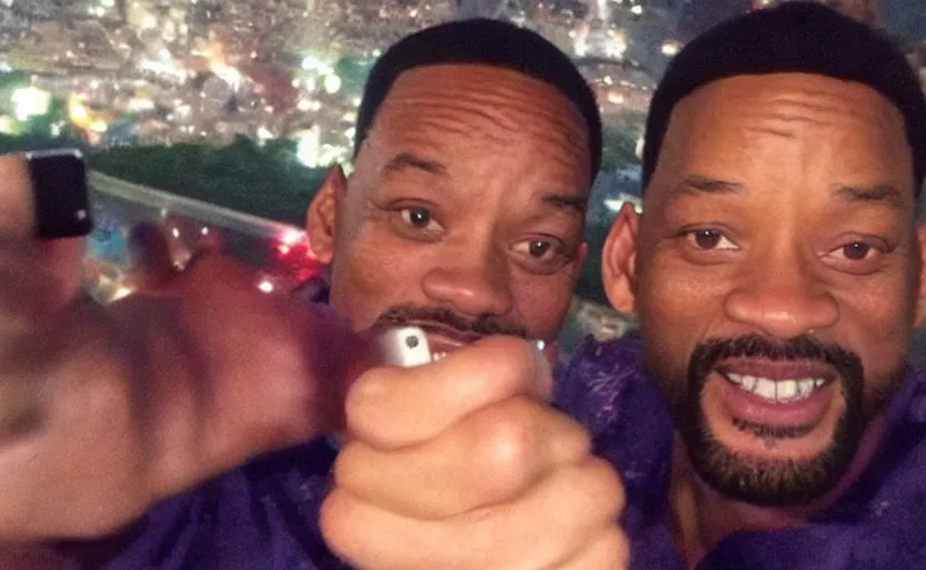 Prompt: my uncle that look like will smith if he was poor asf accidentally taking a selfie, front camera, camera flash is so bright in his face, viral, selfie, viral on twitter, viral on instagram, viral photo