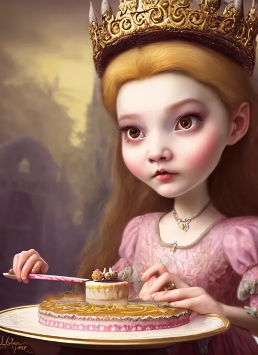 Image similar to highly detailed closeup portrait of a grinning fairytale medieval princess eating birthday cake, unreal engine, nicoletta ceccoli, mark ryden, lostfish, earl norem, global illumination, god rays, detailed and intricate environment