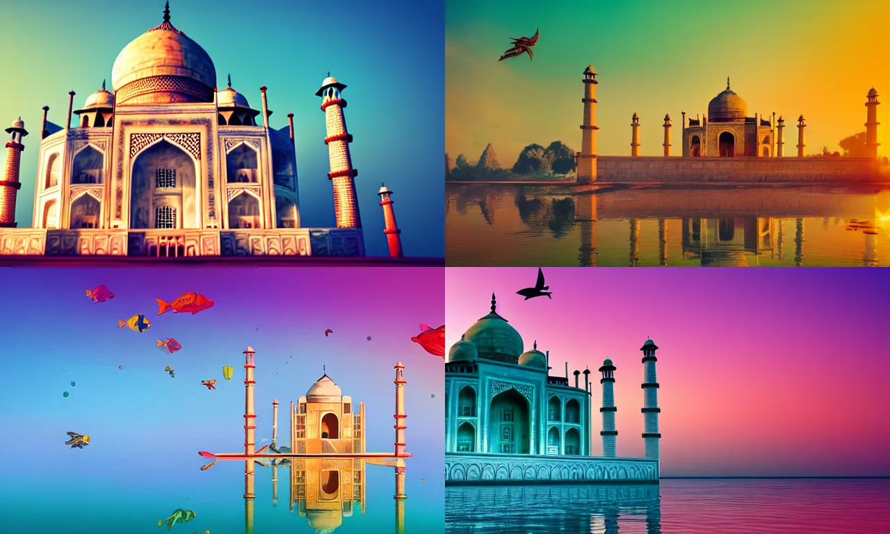 Prompt: the taj mahal in the morning light, colorful fish shuttle in the air, by anton fadeev, 4 k