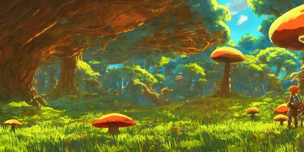 Image similar to epic mushrooms, vivid tones, wide angle, by miyazaki, nausicaa, studio ghibli, breath of the wild