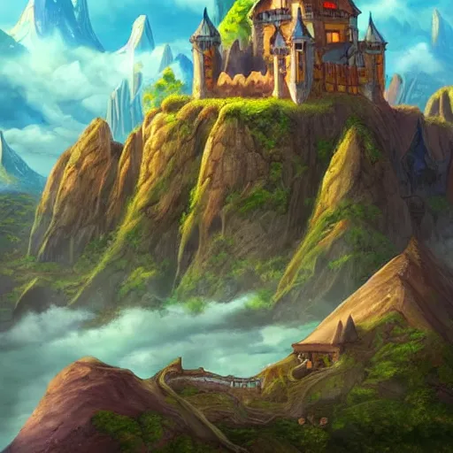 Prompt: a castle on a flying island, an island floating in the sky, clouds background, hearthstone coloring style, epic fantasy style art, fantasy epic digital art, epic fantasy card game art