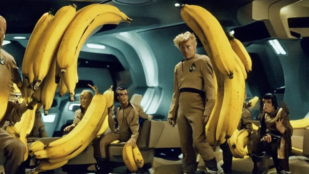 Prompt: a giant monster made of bananas killing crew on star trek, film still from the movie directed by Denis Villeneuve with art direction by Salvador Dalí, wide lens