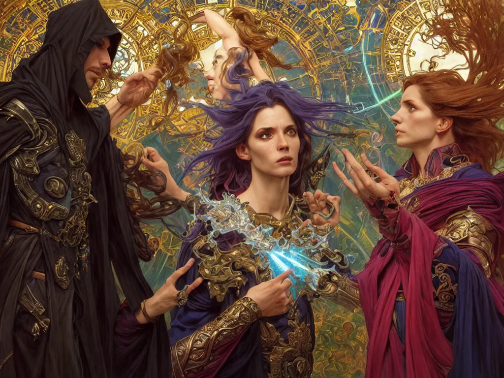 Image similar to painting of powerful stylish sorcerer and a cleric banishing the darkness and its abominations with a rainbow spell, ultra realistic, concept art, intricate details, eerie, highly detailed, photorealistic, octane render, 8 k, unreal engine. art by artgerm and greg rutkowski and magali villeneuve and alphonse mucha