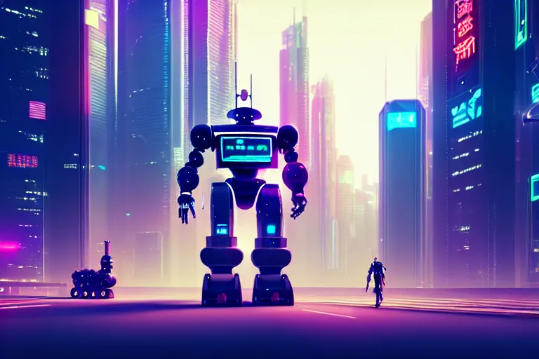 Image similar to a cute big robots in a cyberpunk city. super realistic 8 k render of a elegant, cinematic composition