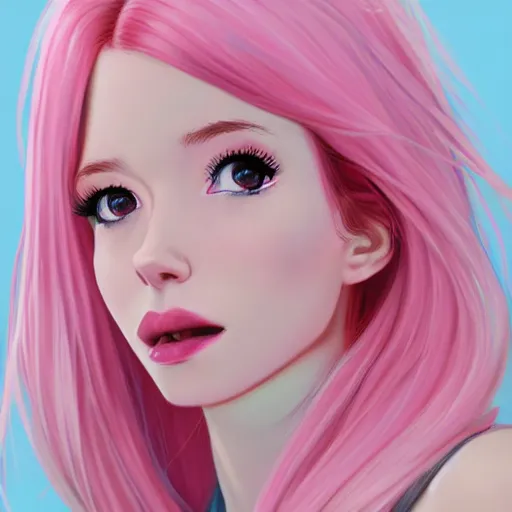 Image similar to belle delphine with pastel pink hair and shiny brown eyes, elegant, ultra highly detailed, digital painting, smooth, sharp focus, artstation, art by Ilya Kuvshinov