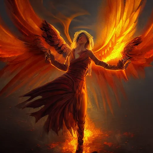 Image similar to Fallen angel as a phoenix in fire, flying through a medieval town by night, buildings in fire, smokes, dark, destruction, post-apocalyptic, DnD character, unreal engine, octane render, dramatic lighting, pond, digital art, by Stanley Artgerm Lau, greg rutkowski, thomas kindkade, alphonse mucha, loish, norman Rockwell