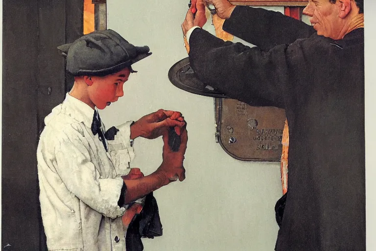 Image similar to a young man wearing a newsboy cap putting on his coat, magazine design, white background, by norman rockwell