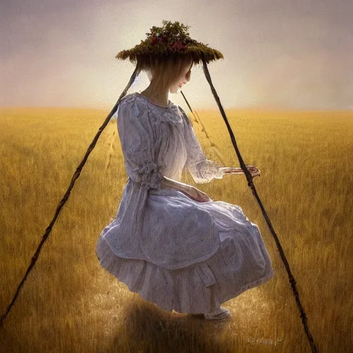 Prompt: detailed soft painting of a girl dressed in white on a garden swing, seeing a scarecrow in a field of wheat rembrandt style, elegant, highly detailed, artstation, concept art, matte, sharp focus, folk horror