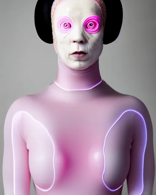 Image similar to symmetrical portrait of a woman wearing a embroidered translucent silicone mask and pink hair buns, wearing a black bodysuit by alexander mcqueen, cream white background, soft diffused light, biotechnology, humanoide robot, bjork aesthetic, translucent, by rineke dijkstra, intricate details, highly detailed, masterpiece,