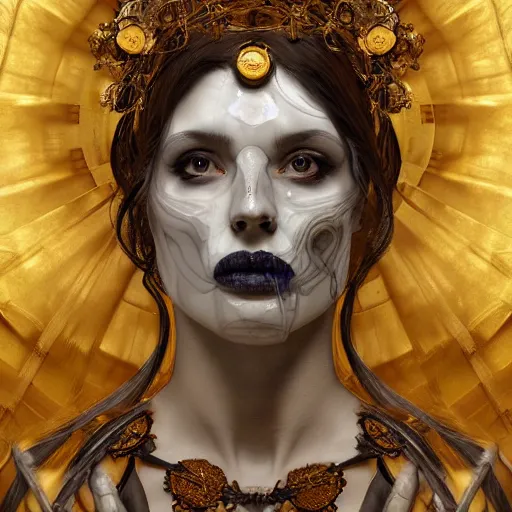 Image similar to portrait of Hecate as a marble statue skeleton, skeleton Hecate, greek mythology, gold crown and filaments, intricate, headshot, highly detailed, digital painting, artstation, concept art, sharp focus, cinematic lighting, illustration, art by artgerm and greg rutkowski, alphonse mucha, Caravaggio, chiaroscuro, cgsociety