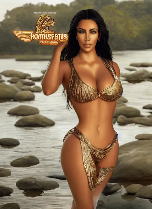 Image similar to professional photo of kim kardashian wearing a hooters outfit, posed by a lake, intricate, elegant, highly detailed, cinematic, maxim, concept art, smooth, sharp focus, illustration, art by artgerm and greg rutkowski and alphonse mucha