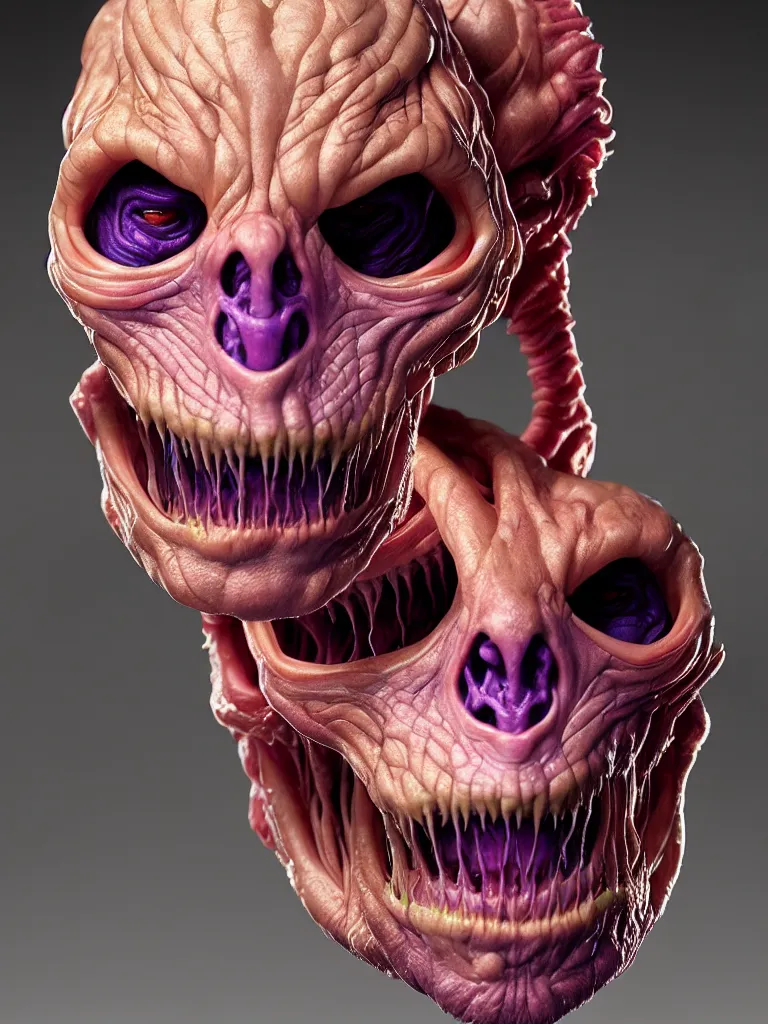 Prompt: hyperrealistic rendering, cronenberg flesh monster skeletor face by donato giancola and greg rutkowski and wayne barlow and zdzisław beksinski, product photography, action figure, sofubi, studio lighting, colored gels