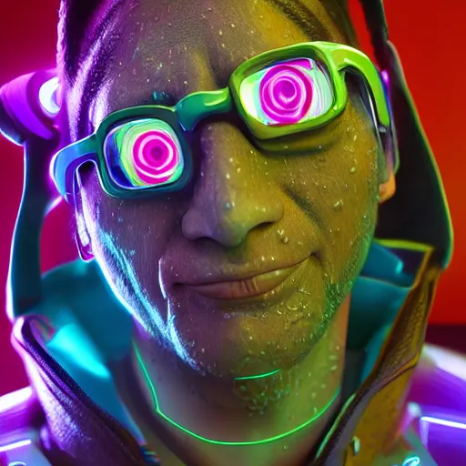 Prompt: augmented cyberpunk alf, cartoon portrait made out of rain, realistic, highly detailed, neon, rendered in octane, unreal engine, rain, beautiful, trending on artstation, emotional