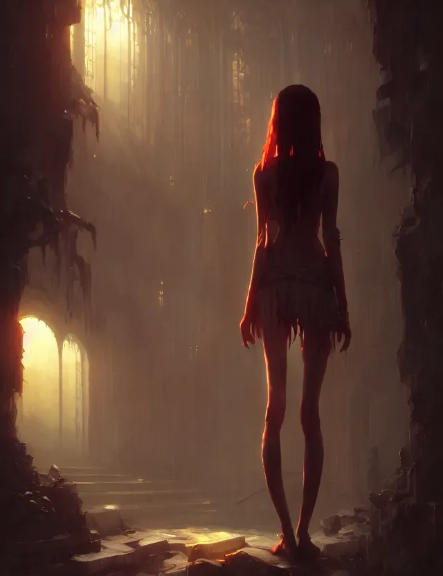 Image similar to gentle vampire, slender girl, wonderful eyes, 8 k hd, unreal engine, octane visualization in the artistic style of finnian mcmanus, john park and greg rutkowski, shining light, detailed and complex environment, art station trends, beautiful colors