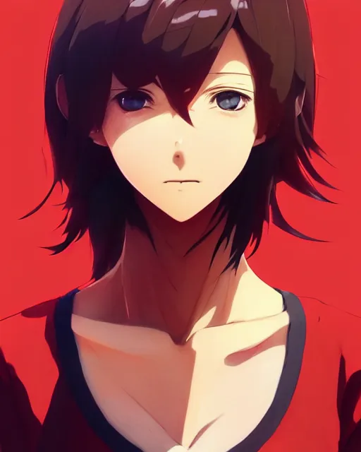 Image similar to beautiful anime woman, wearing full clothing red shirt brown pants, clockpunk, black and red hair hair, symmetrical face, symmetrical eyes, full round face, short smile, detailed, summer setting, cinematic lighting, makoto shinkai, artgerm, yoji shinkawa, ilya kuvshinov, loish