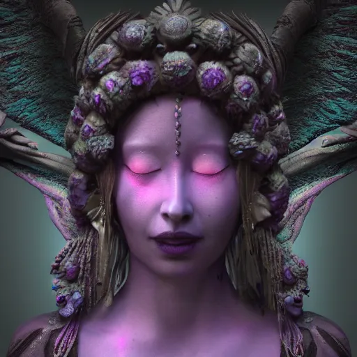 Image similar to a beautiful detailed 3d matte painting of female goddess of the dead, ominous, magical realism, texture, intricate, purple torn fabric, radiant colors, fantasy, trending on artstation, volumetric lighting, micro details, 3d sculpture, ray tracing