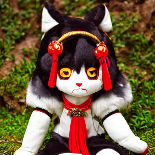 Image similar to cute fumo plush of the wolf priestess of the jungle temple, canine shrine maiden, vray