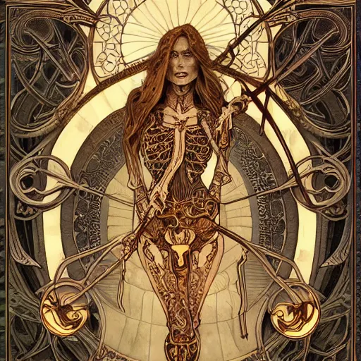 Image similar to skeleton with sickle, highly detailed, very intricate, art nouveau, gold filigree, tarot concept art watercolor illustration by mandy jurgens and alphonse mucha and alena aenami, featured on artstation