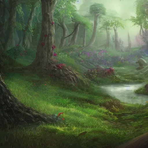 Prompt: Fairy forest landscape, 8k, detailed, concept art, trending on artstation
