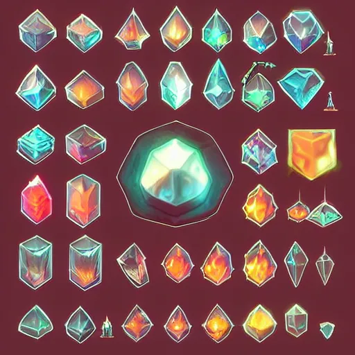 Prompt: set of square icons of potion bottles with glowing crystals inside, assorted shapes and colors, game asset sheet, art by artgerm and ross tran