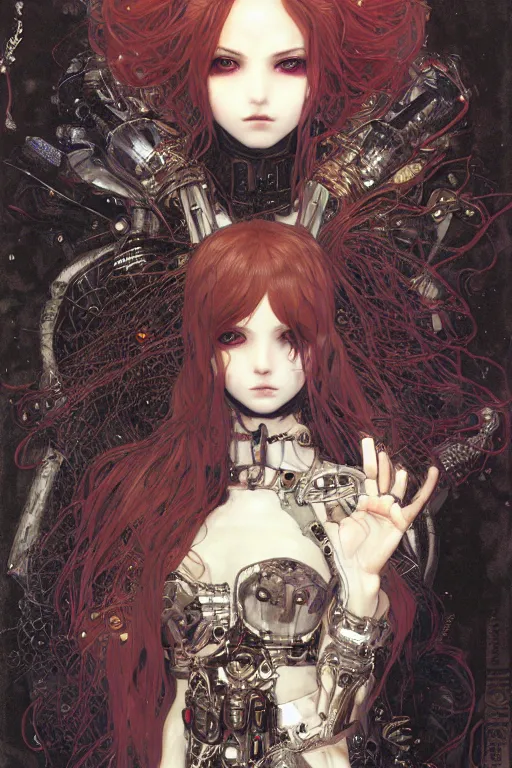 Image similar to portrait of beautiful young gothic maiden, cyberpunk, Warhammer, highly detailed, artstation, illustration, art by Gustav Klimt and Range Murata and Ilya Kuvshinov and Katsuya Terada