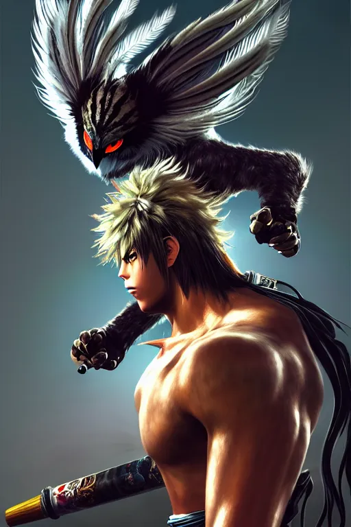 Image similar to Tekken 4 fighter anime Stunning Portrait right side profile giant Robot Owl with feathers all over its body, short black feathers with a samurai sword on its back, in a fighting stance, digital painting, artstation, concept art, soft light, hdri, smooth, sharp focus, illustration, art by tian zi, craig mullins, Mark Arian, WLOP, alphonse mucha