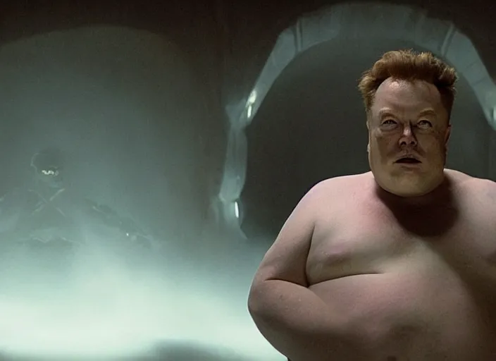 Image similar to elon musk as baron harkonnen in a black oil bath, Dune, Denis Villeneuve, film look