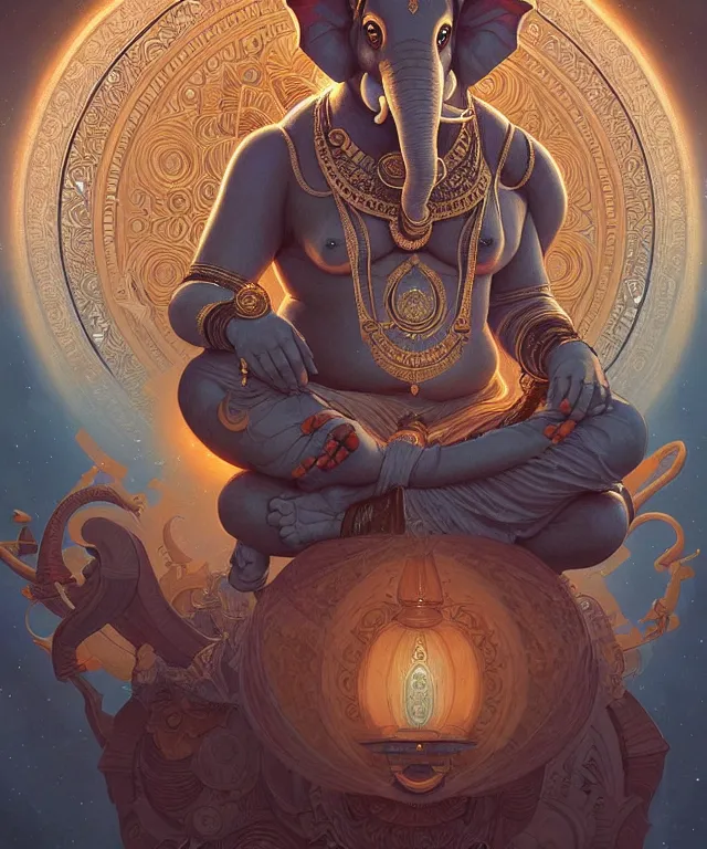 Prompt: intergalactic ganesha, mandala, fantasy, intricate, elegant, highly detailed, digital painting, artstation, concept art, matte, sharp focus, illustration, art by artgerm and greg rutkowski and alphonse mucha